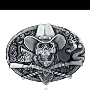 New men's cowboy western skull rifle belt buckle black background